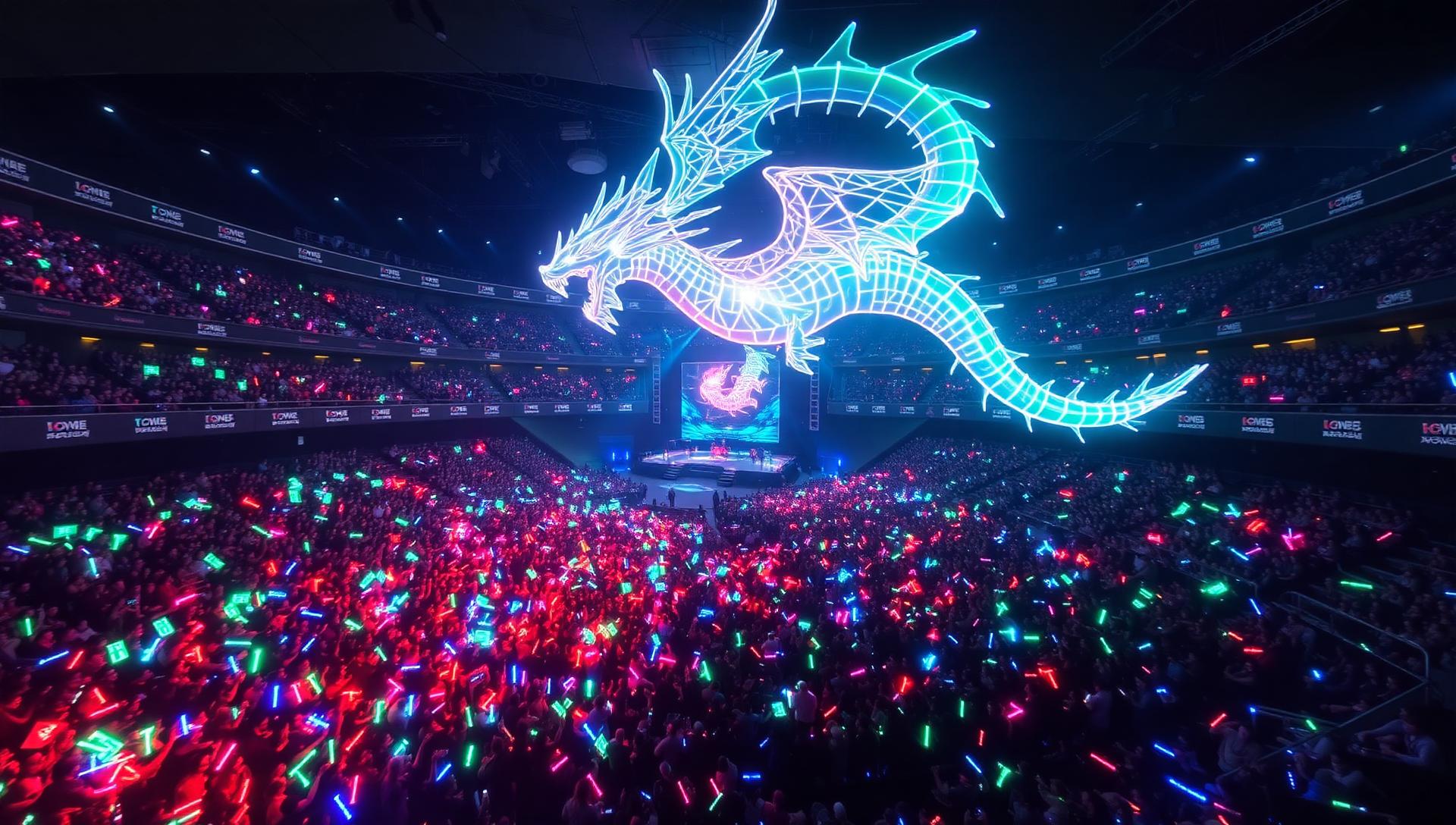 Massive Seoul esports arena with holographic dragon over a neon-lit crowd