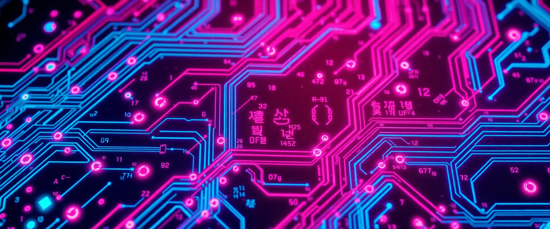 Magenta and cyan circuit board pattern with Korean hangul traces