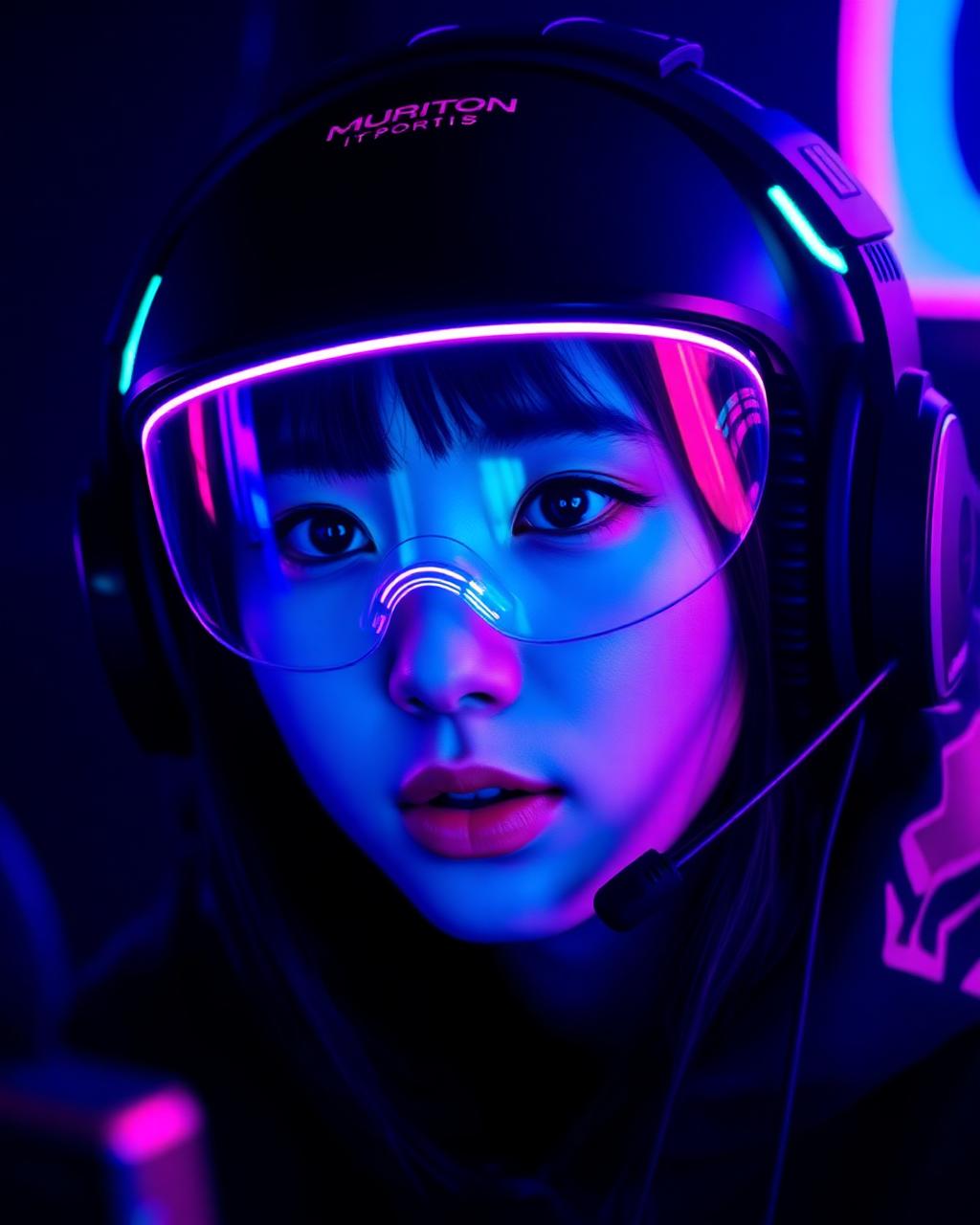 Korean esports player wearing a holographic neon visor