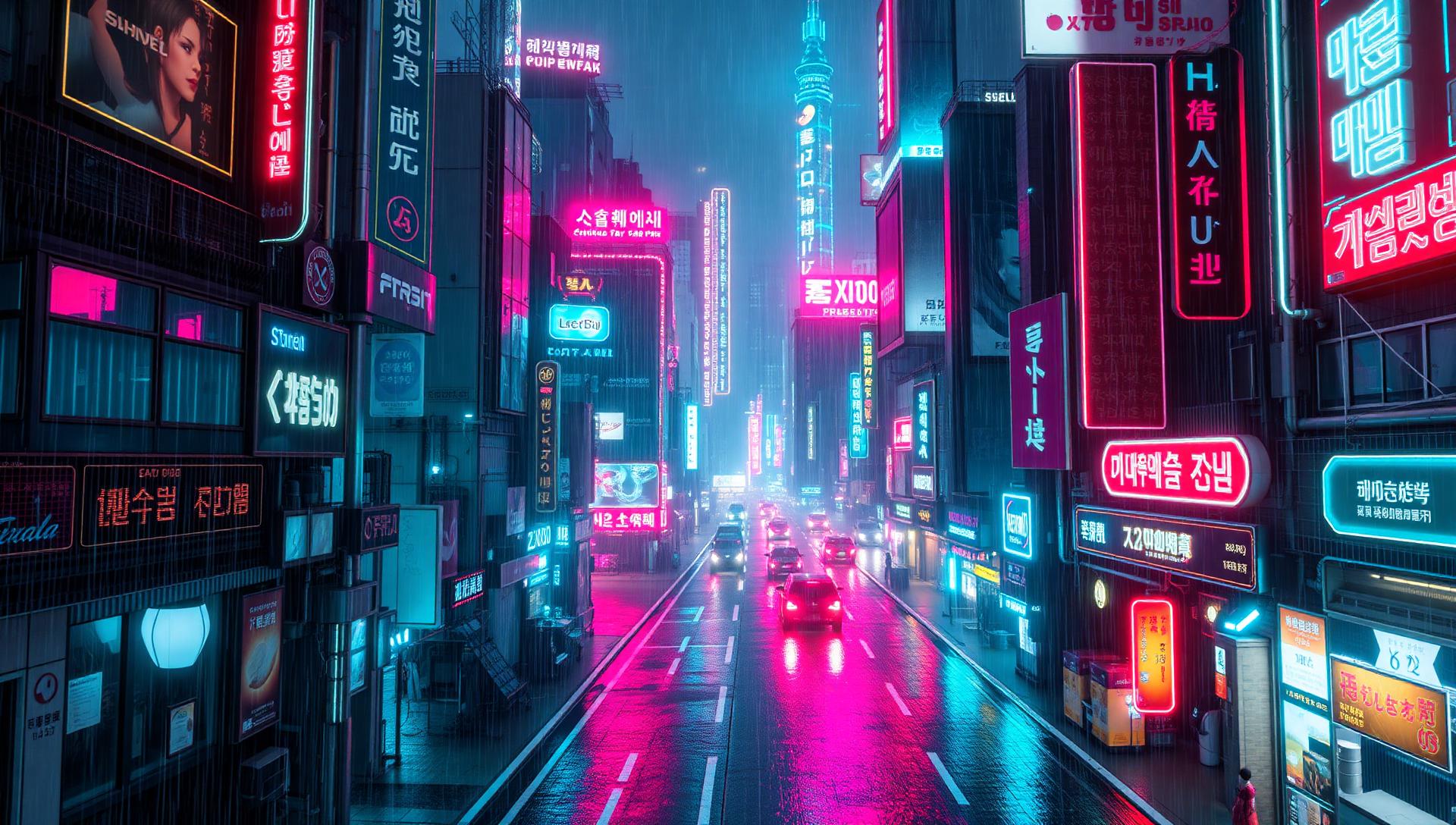 Neon-lit Seoul street at night with holographic Korean gaming signage