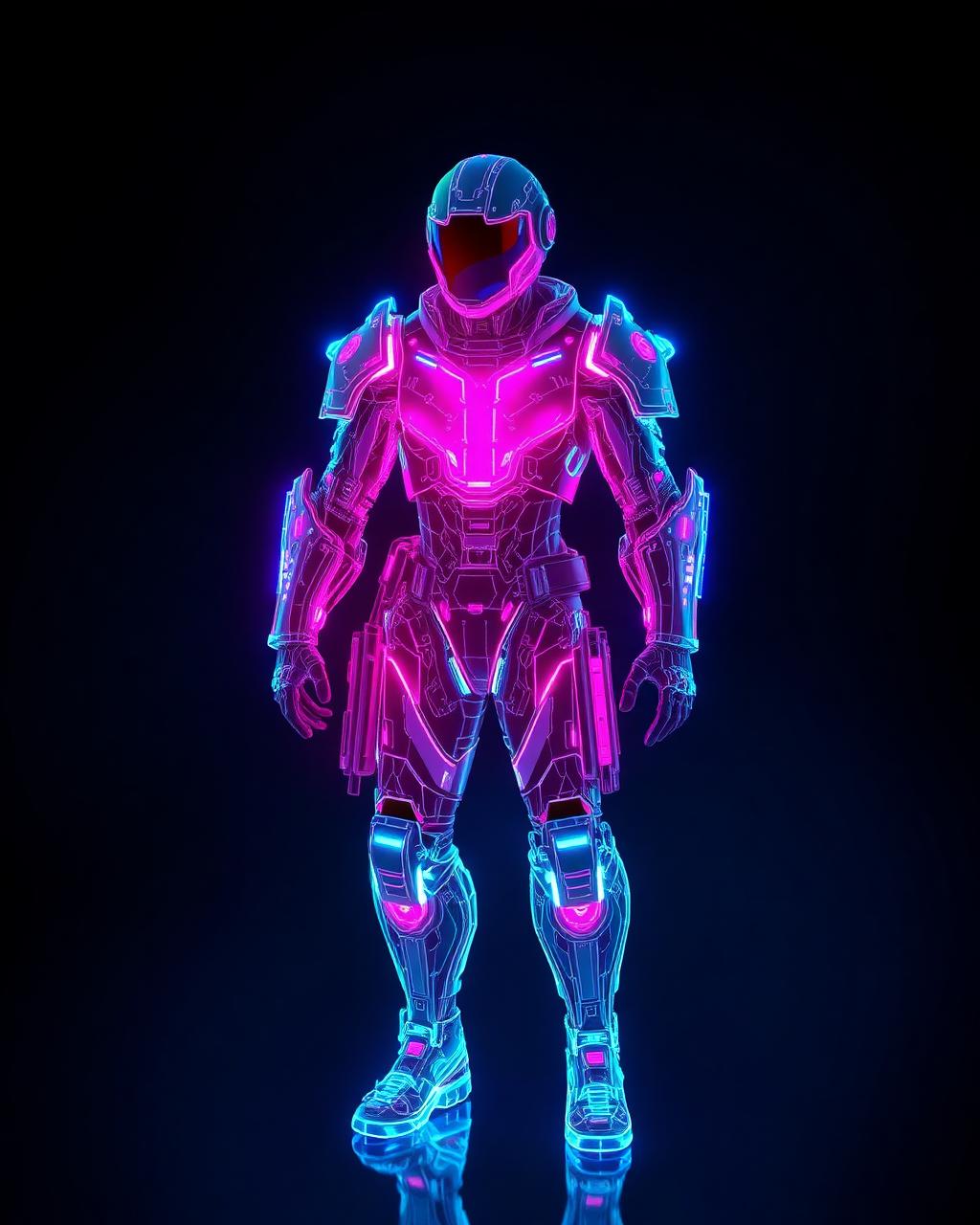 Translucent neon armor design rendered as a floating hologram