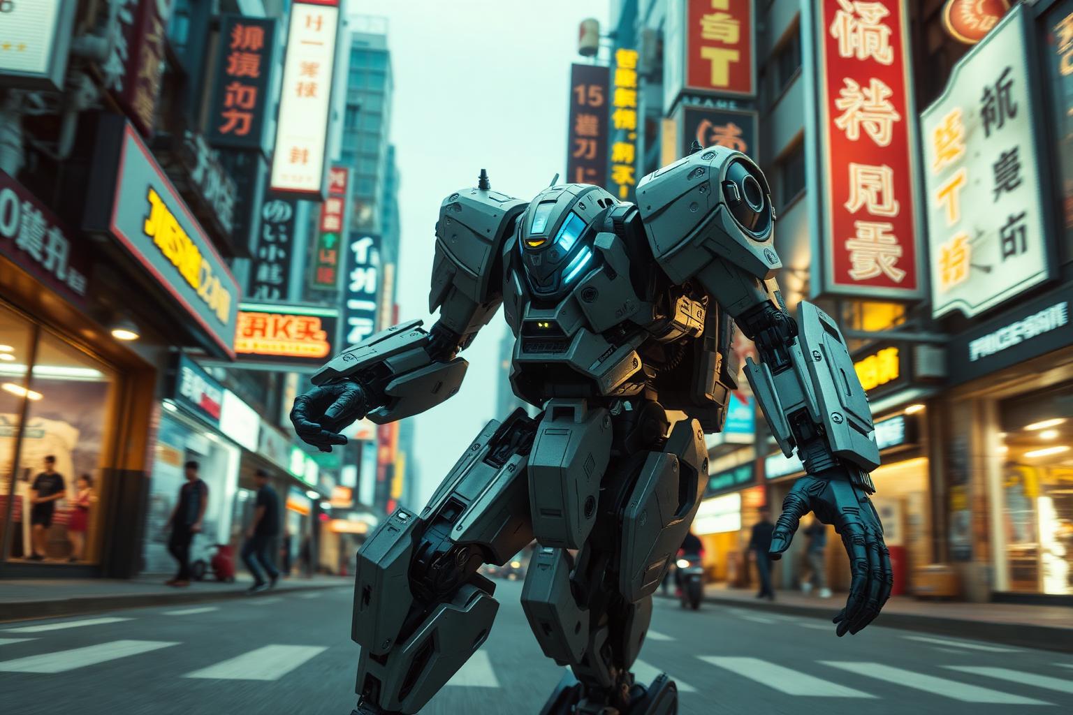 Towering combat mech crouched on a Seoul street under neon billboards