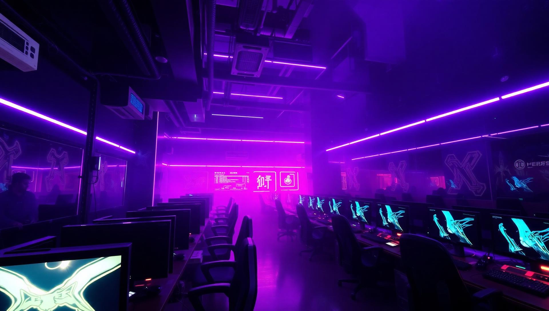Interior of a Seoul PC bang glowing under purple neon strip lighting