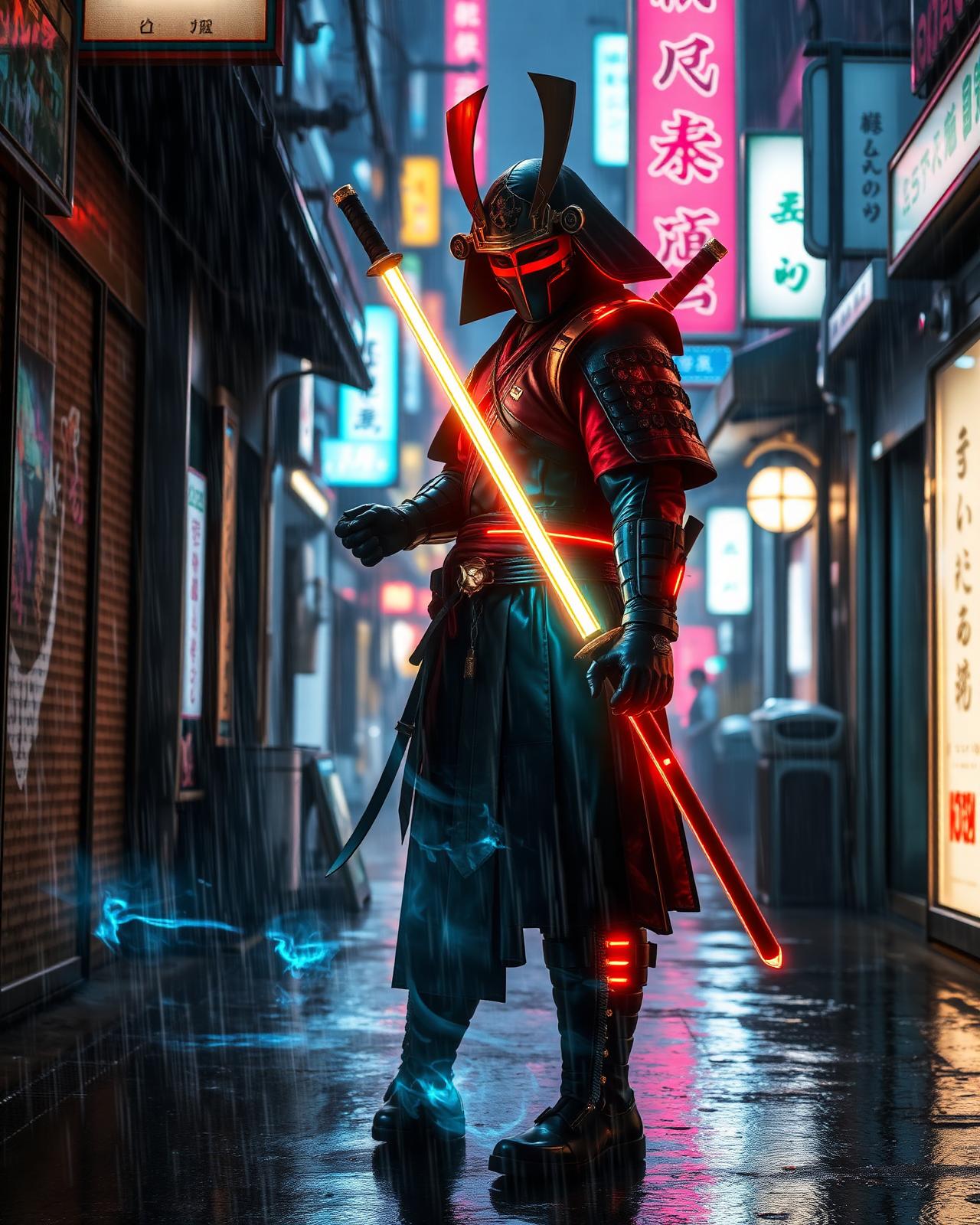 Cyberpunk samurai standing in a rainy Seoul alley with a glowing katana
