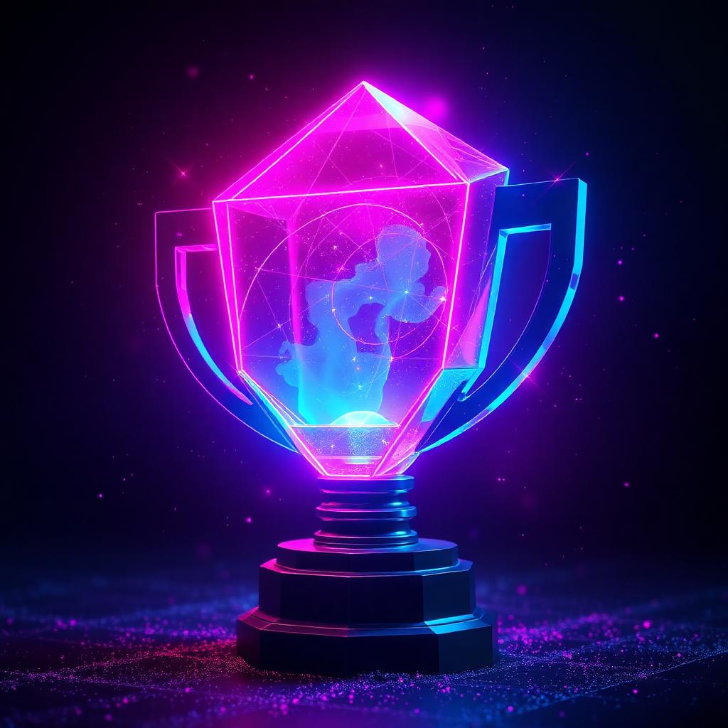 Glowing holographic tournament trophy with a neon energy core